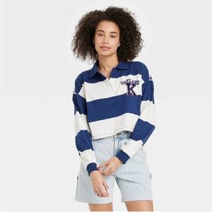 Oakland Long Sleeve Striped Graphic Rugby Polo Cropped T-Shirt Size S